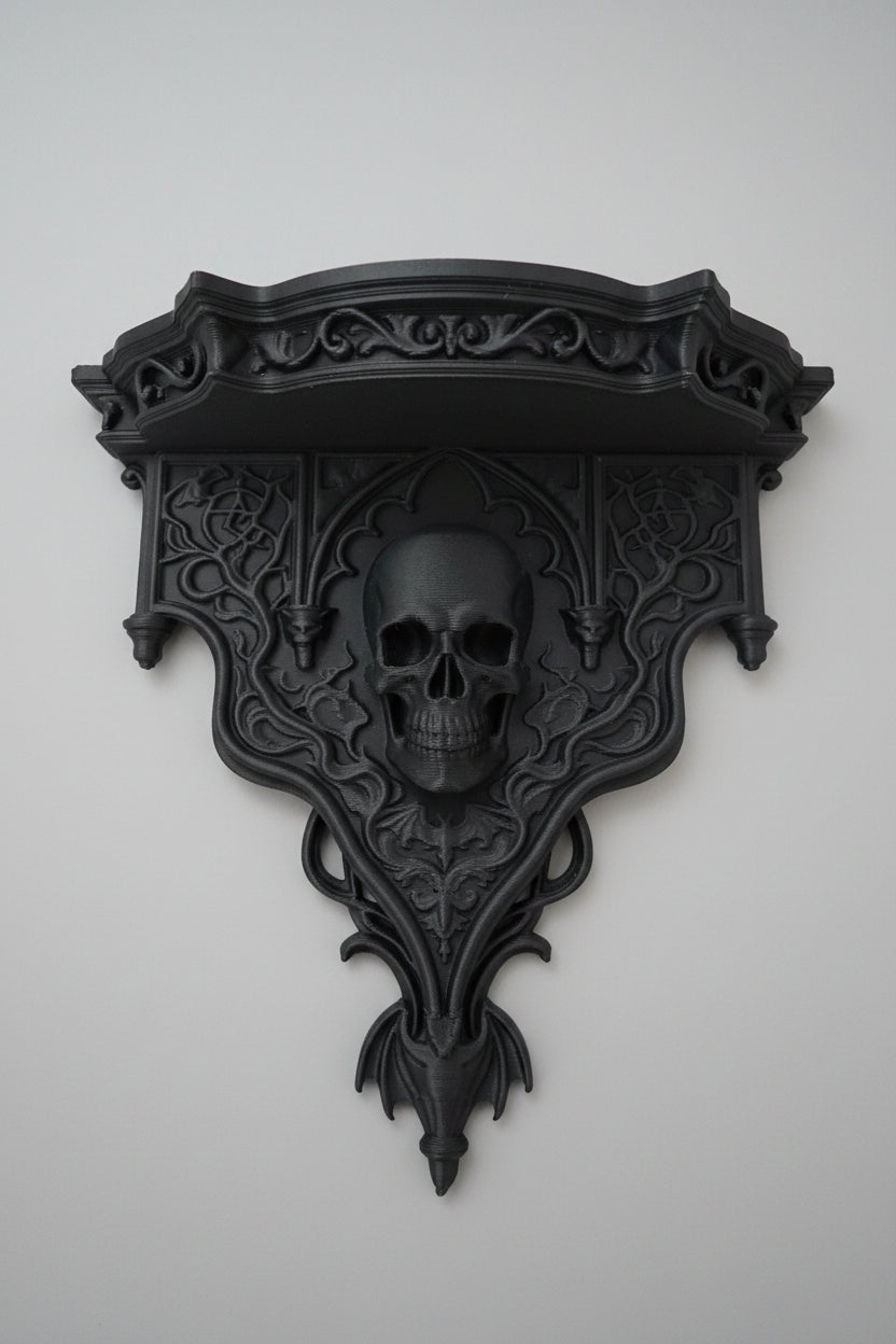 Gothic skull display shelf for dark interiors