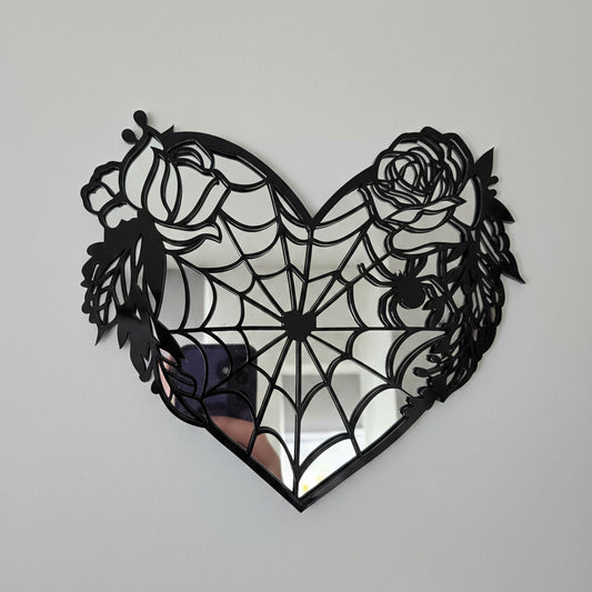 Gothic spider web heart mirror with black acrylic roses and decorative spider