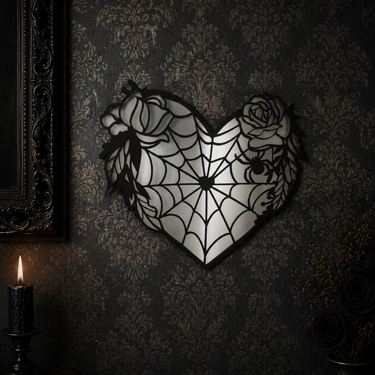 Gothic spiderweb heart acrylic mirror featuring an elegant heart-shaped design with intricate web detailing, perfect for alternative home decor and gallery walls.