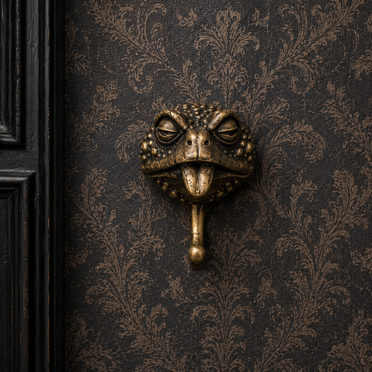 Gothic toad coat hook, hand-cast in durable black resin featuring a detailed toad perched above a sturdy hook, perfect for gothic, cottagecore and alternative home décor.