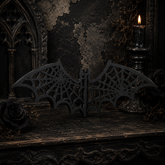 Gothic wooden bat decoration with intricate spiderweb wings, perfect for gothic home décor, Halloween displays and wall styling.