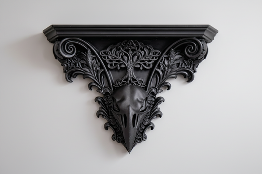 Gothic Yggdrasil raven skull wall shelf for dark decor