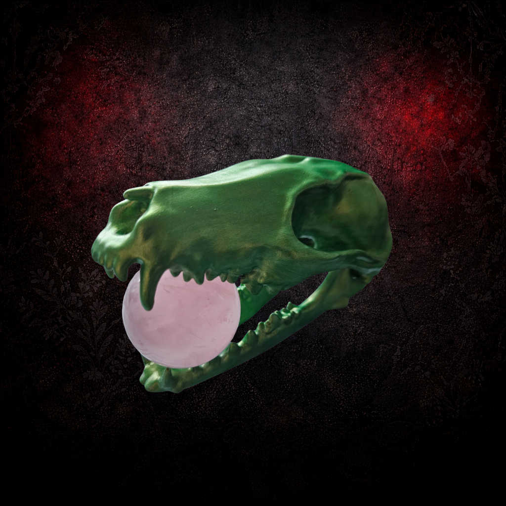 Large Hand Painted Fox Skull with Rose Quartz Sphere