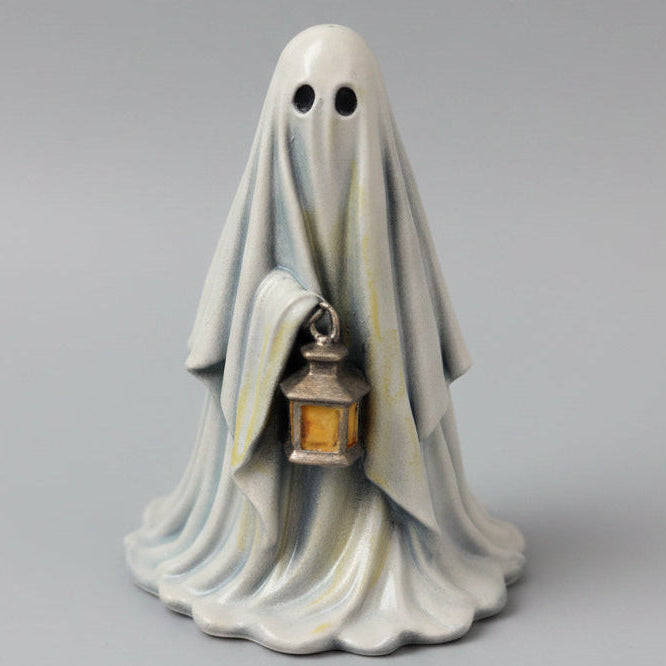 Grimglow hand painted resin ghost figurine holding lantern front view