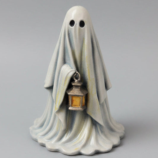 Grimglow hand painted resin ghost figurine holding lantern front view