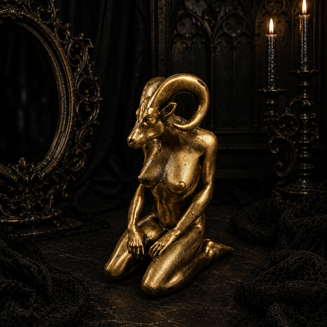 Hand painted gold Baphomet Lady rude resin statue with protective varnished finish, perfect for gothic, witchy and alternative home décor.