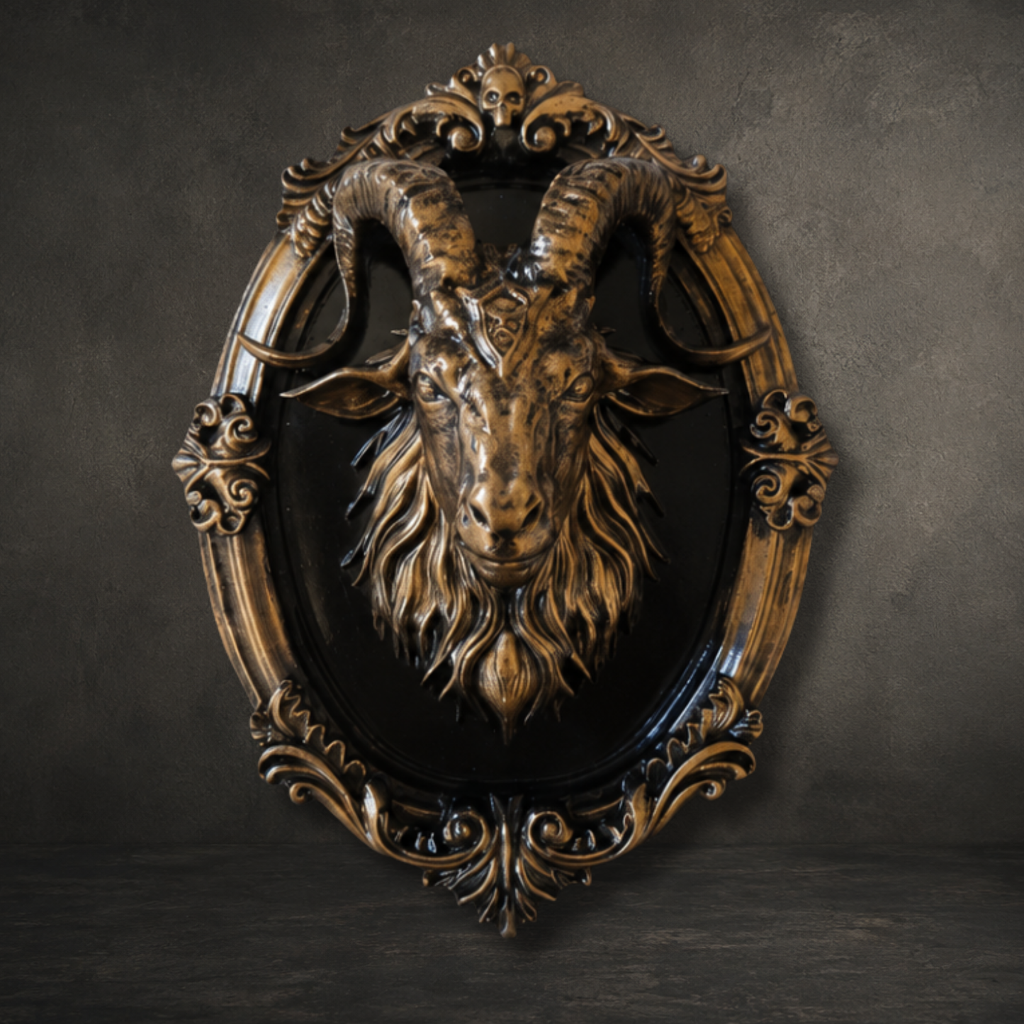 Hand painted bronze Baphomet wall frame with ornate gothic detailing, felt backing and built-in keyhole hanger for wall display.