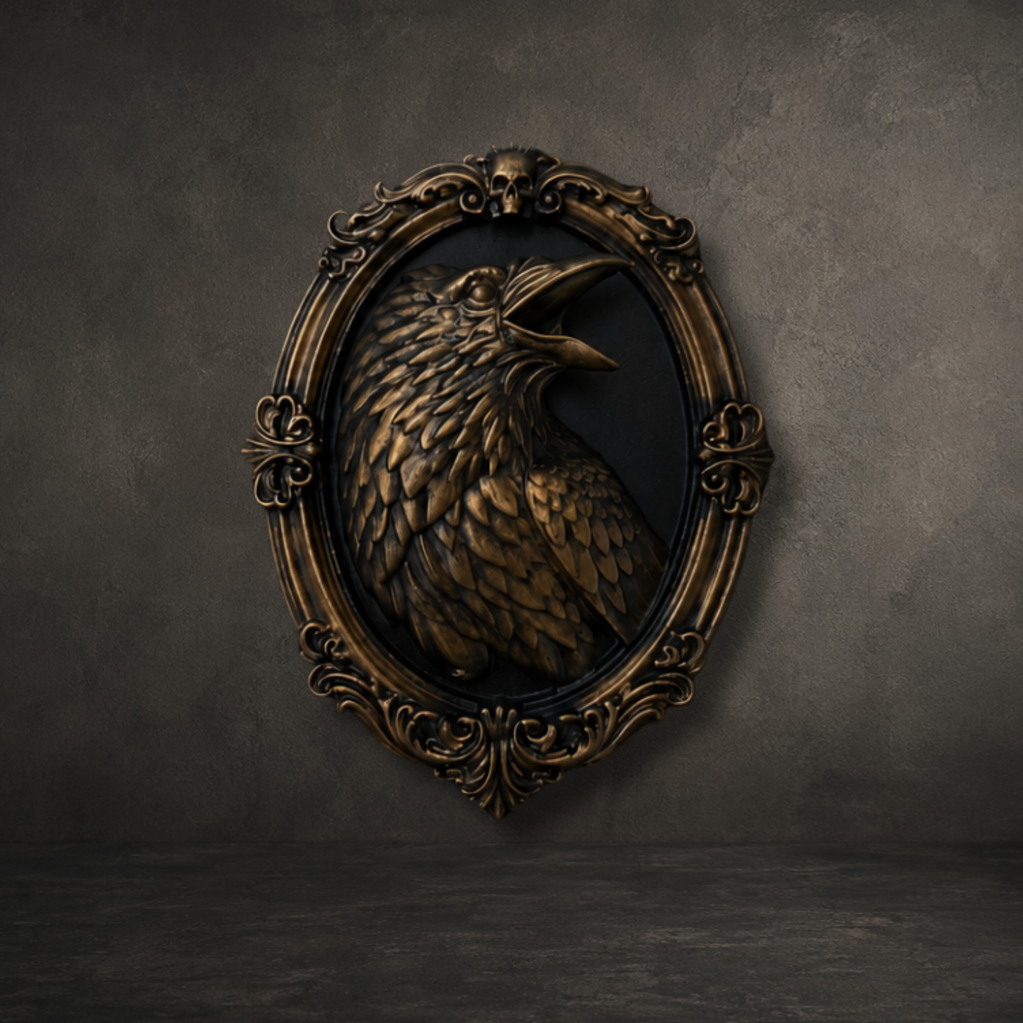Hand painted bronze gothic raven wall frame with ornate detailing, felt backing and built-in keyhole hanger for wall display.