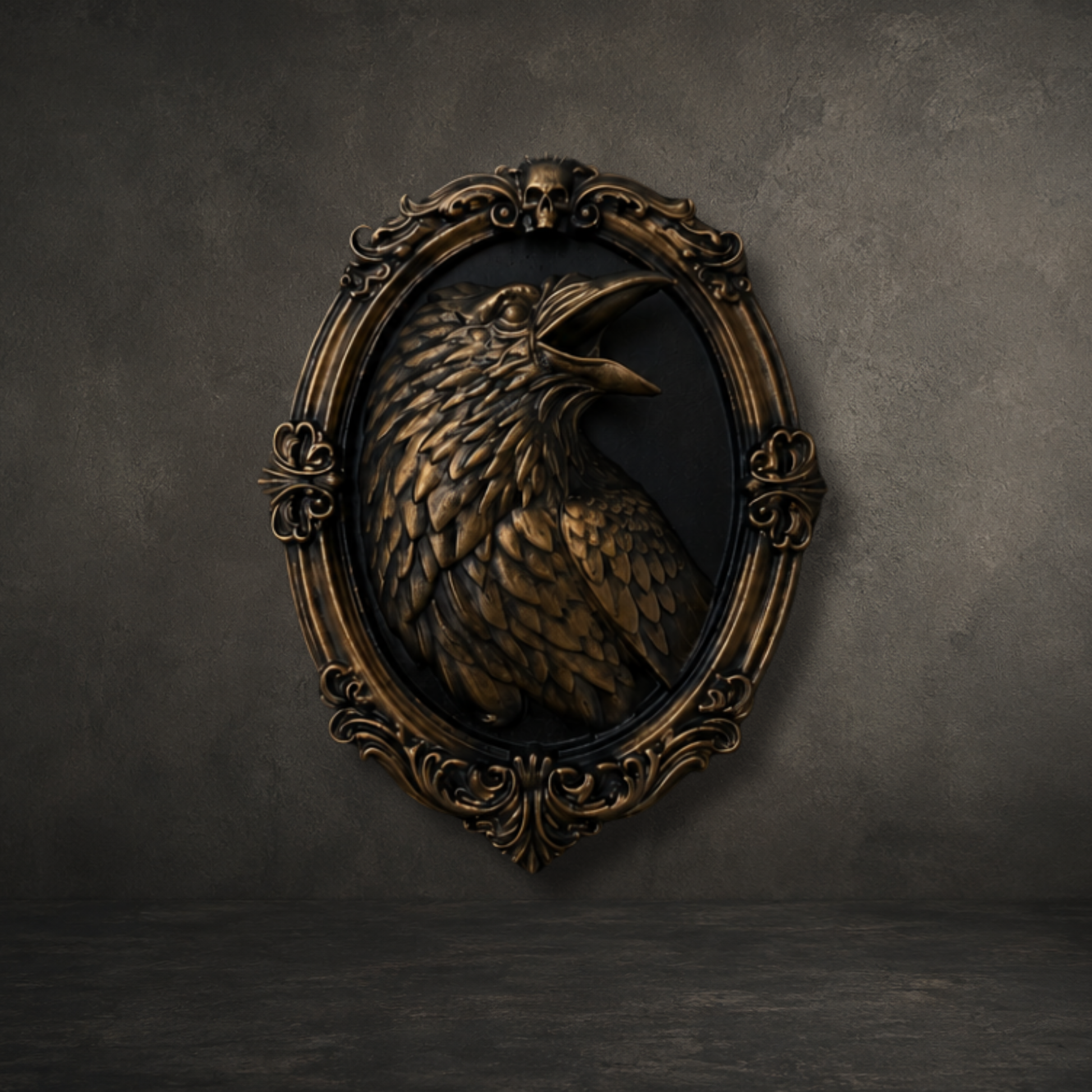 Hand painted bronze gothic raven wall frame with ornate detailing, felt backing and built-in keyhole hanger for wall display.