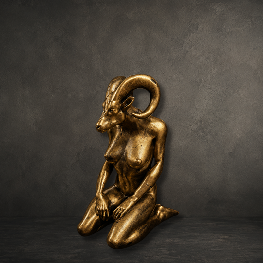 Hand painted gold resin Baphomet Lady figurine displayed as gothic home décor and occult-inspired artwork.