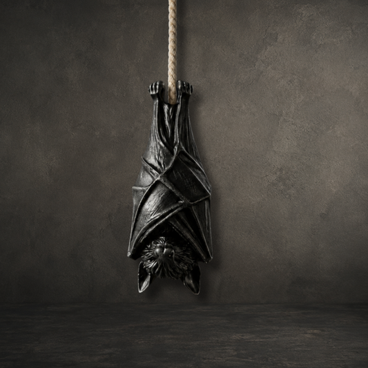Hand painted resin bat light pull hanging from a ceiling cord, perfect for gothic bathrooms and alternative home décor.