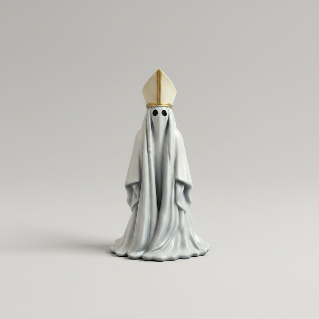 Close up of hand painted resin Bishop ghost figurine with black eyes and gold hat