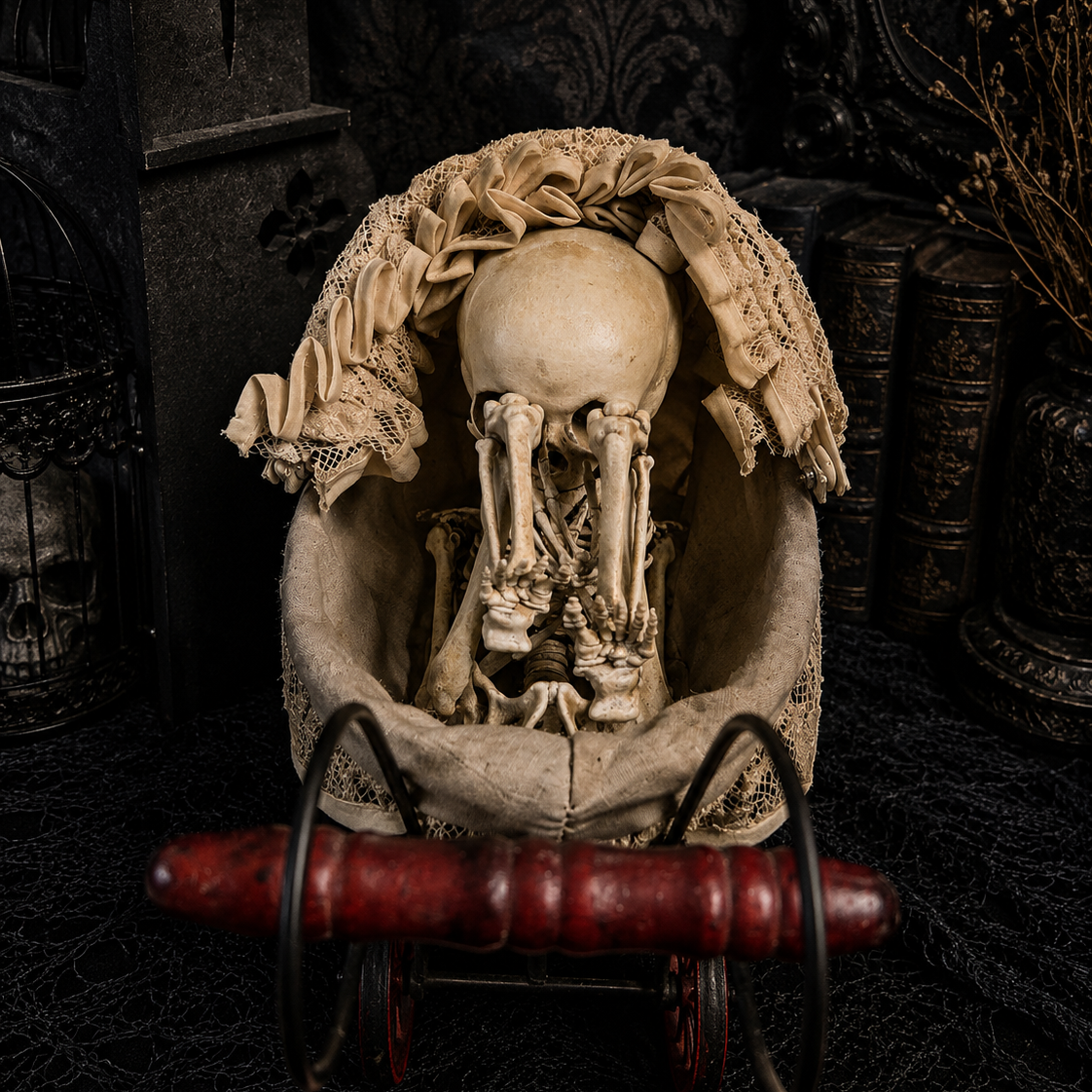 Delicate resin printed faux fetus skeleton in gothic pram display.