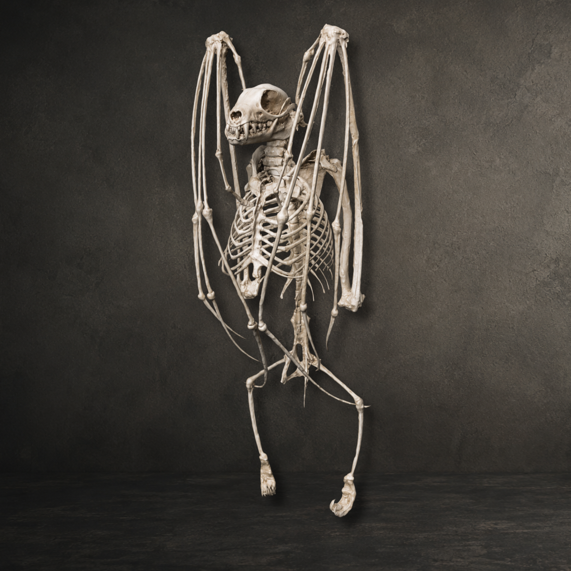 Hand painted resin printed fruit bat replica skeleton with realistic bone finish for gothic décor and curiosity cabinet displays.