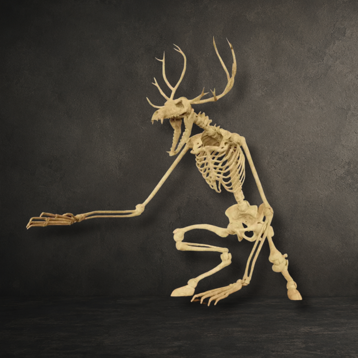 Hand painted resin printed Wendigo skeleton replica with realistic bone finish displayed as gothic and cryptid décor.