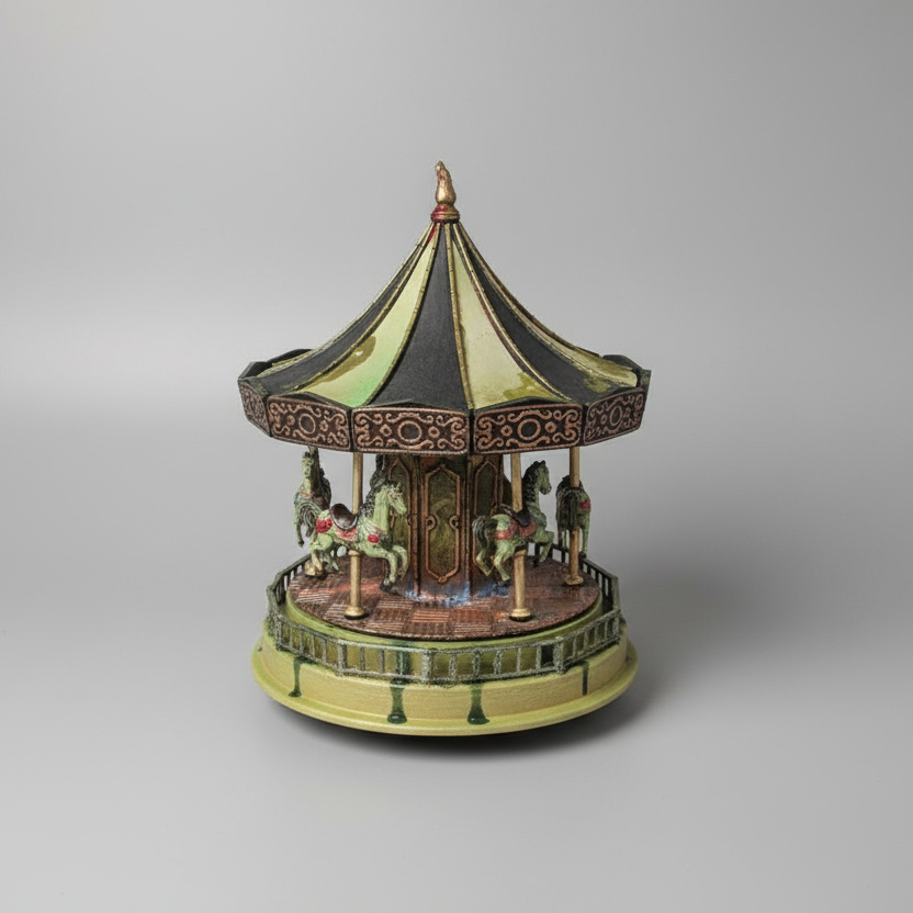Handcrafted musical gothic carousel with hand painted undead horses, designed by Phil for Darkmoon Designs.