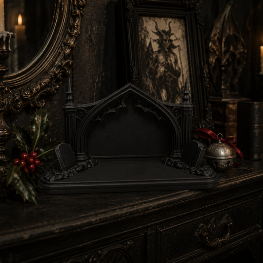 Black gothic ghost display shelf featuring five hand-painted ghost figures, styled on a dark sideboard with a moody gothic background and subtle candlelight.