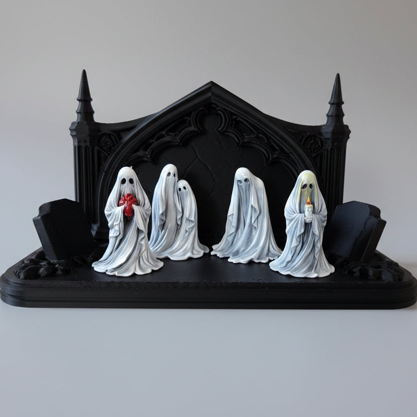 Side view of gothic graveyard ghost shelf showing tombstone details and base