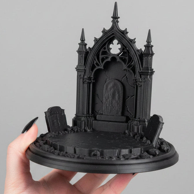 Dark gothic round ghost stand display shelf with freestanding base and decorative circular frame for haunted home decor.