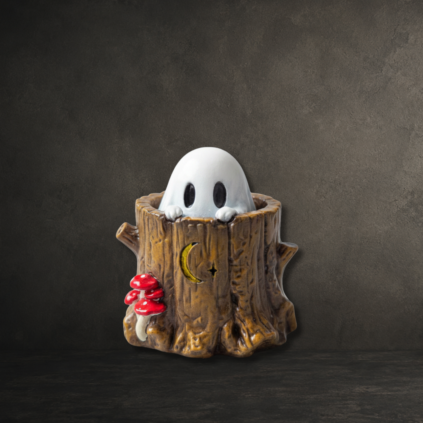 Hollis tree stump hiding ghost figurine from the Moonwisp Collection