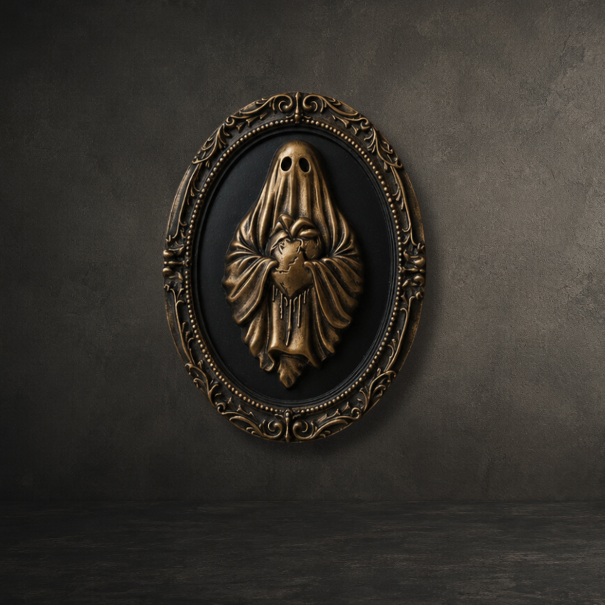 Hand painted bronze ghost holding an anatomical heart displayed in an ornate 6-inch baroque resin wall frame for gothic home décor