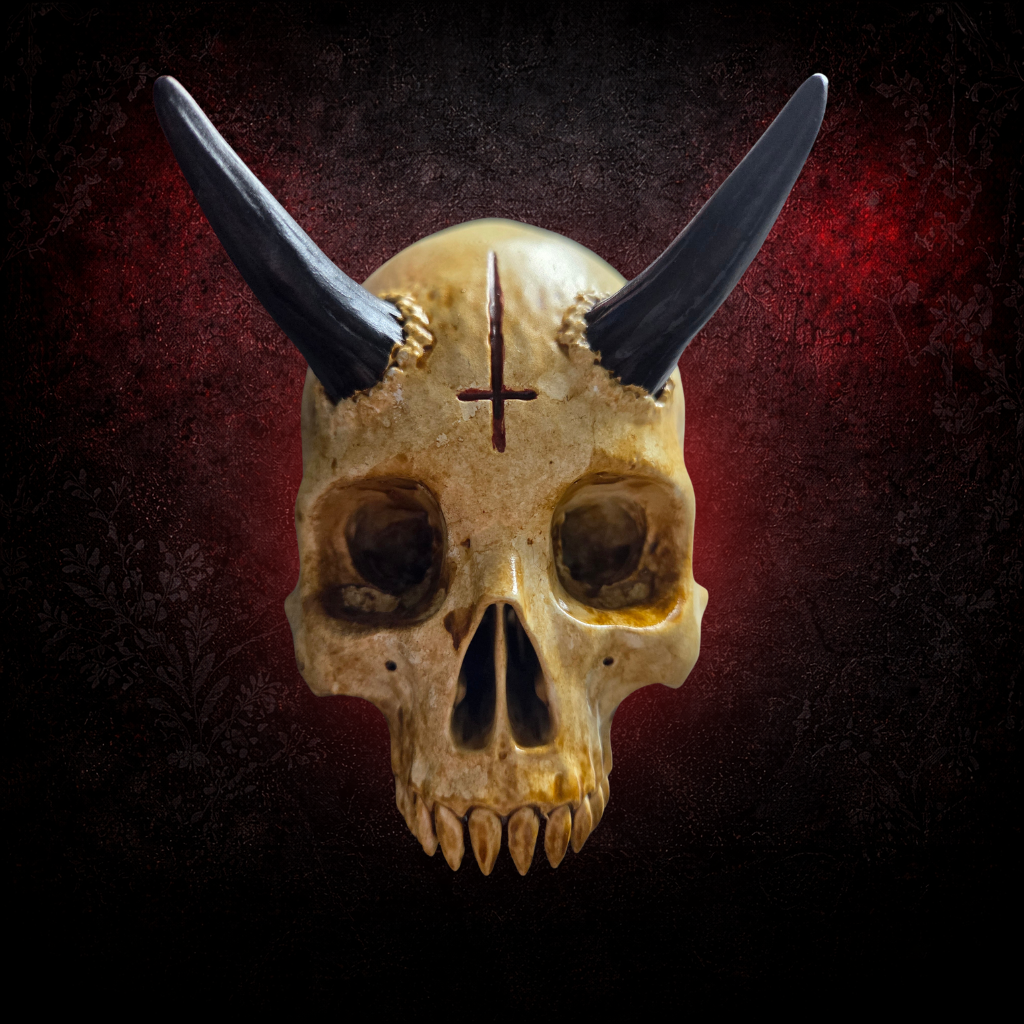 Horned krampus skull display for curiosity cabinets