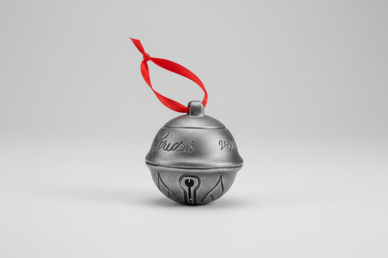 Hand painted Krampus bell hanging ornament with red ribbon and gothic detailing