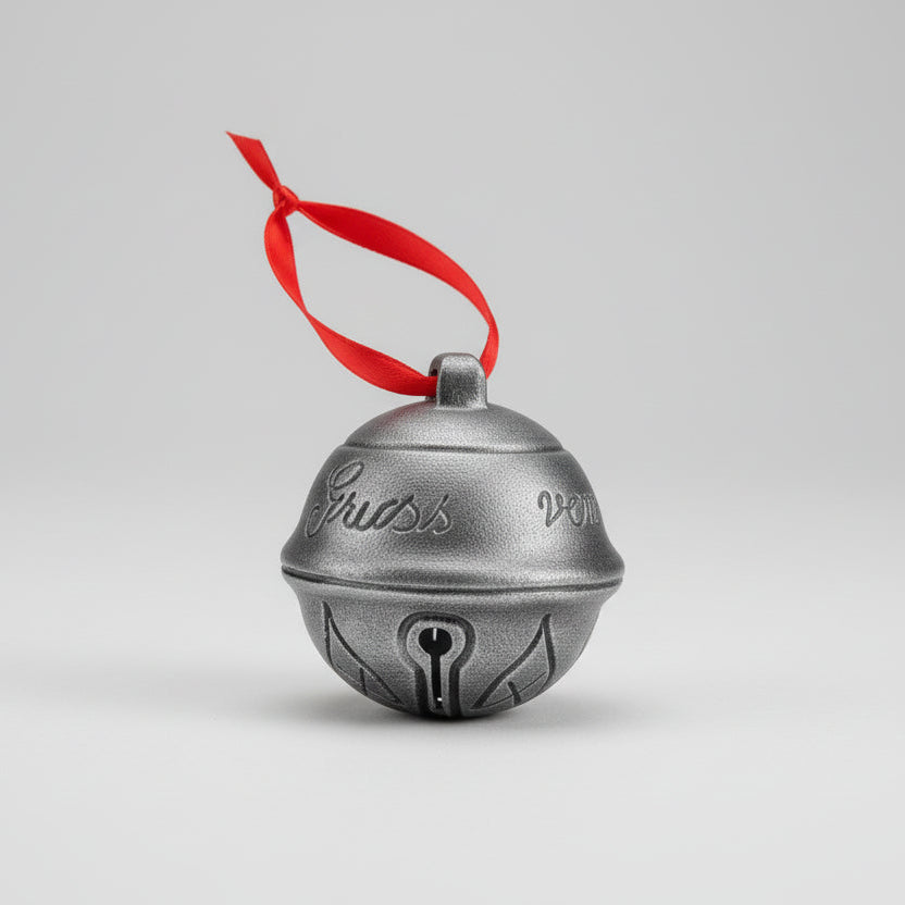 Hand painted Krampus bell hanging ornament with red ribbon and gothic detailing