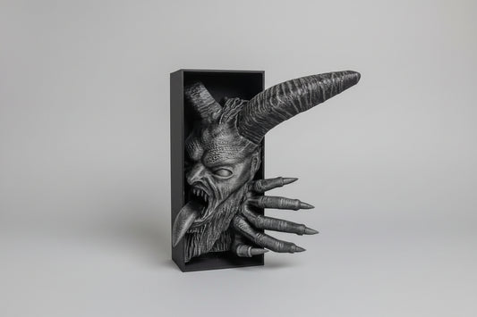 Krampus book nook hand painted silver gothic horror bookshelf insert Darkmoon Designs