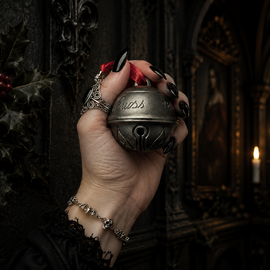 Bronze-effect Krampus Christmas bell ornament with a red hanging ribbon, displayed in a gothic setting with holly, candlelight and dark festive décor.