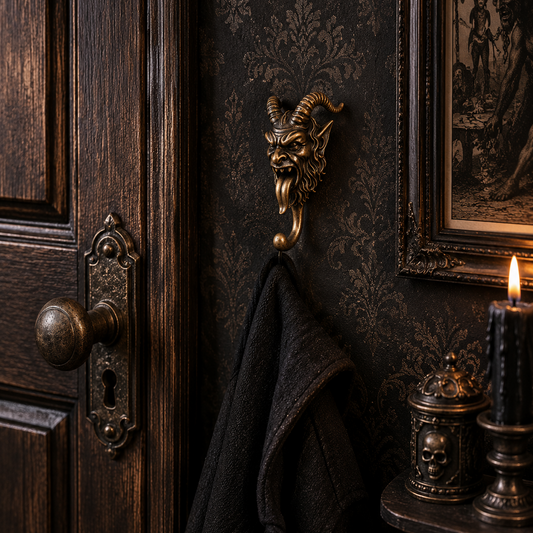 Krampus resin coat hook featuring a detailed sculpted Krampus head above a sturdy wall hook, perfect for gothic hallways, alternative homes and Halloween décor.
