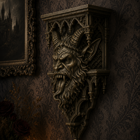 Gothic Krampus shelf corbel featuring a detailed horned Krampus design, created to support floating shelves while adding dark character to alternative interiors.