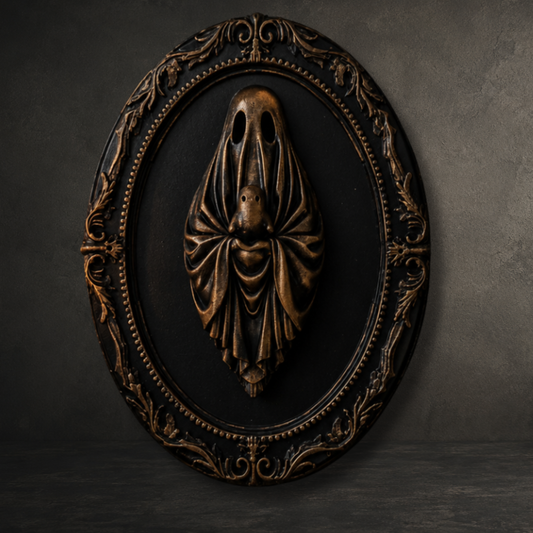 Hand painted bronze ghost holding a tiny ghost in an ornate 6-inch baroque resin wall frame for gothic home décor