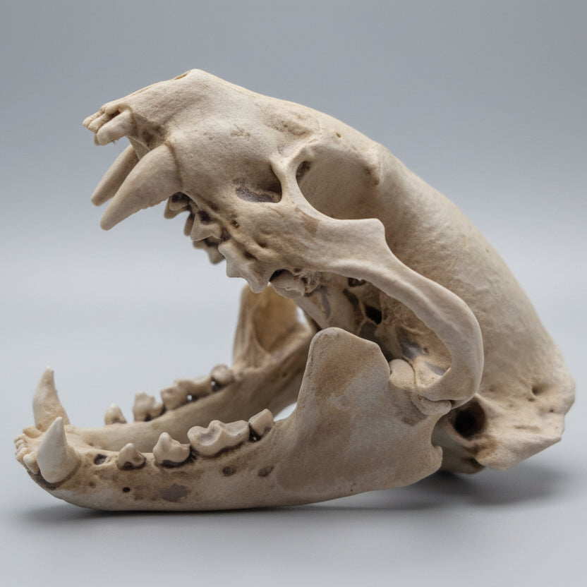 Side view of life sized badger skull replica with movable articulated jaw