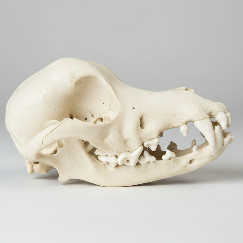 Side view of life sized Dachshund skull replica for gothic and curiosity decor