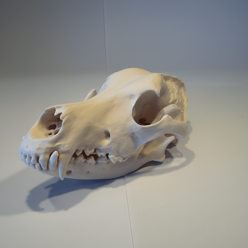 Side view of life sized German Shepherd skull faux taxidermy sculpture with realistic hand painted detailing