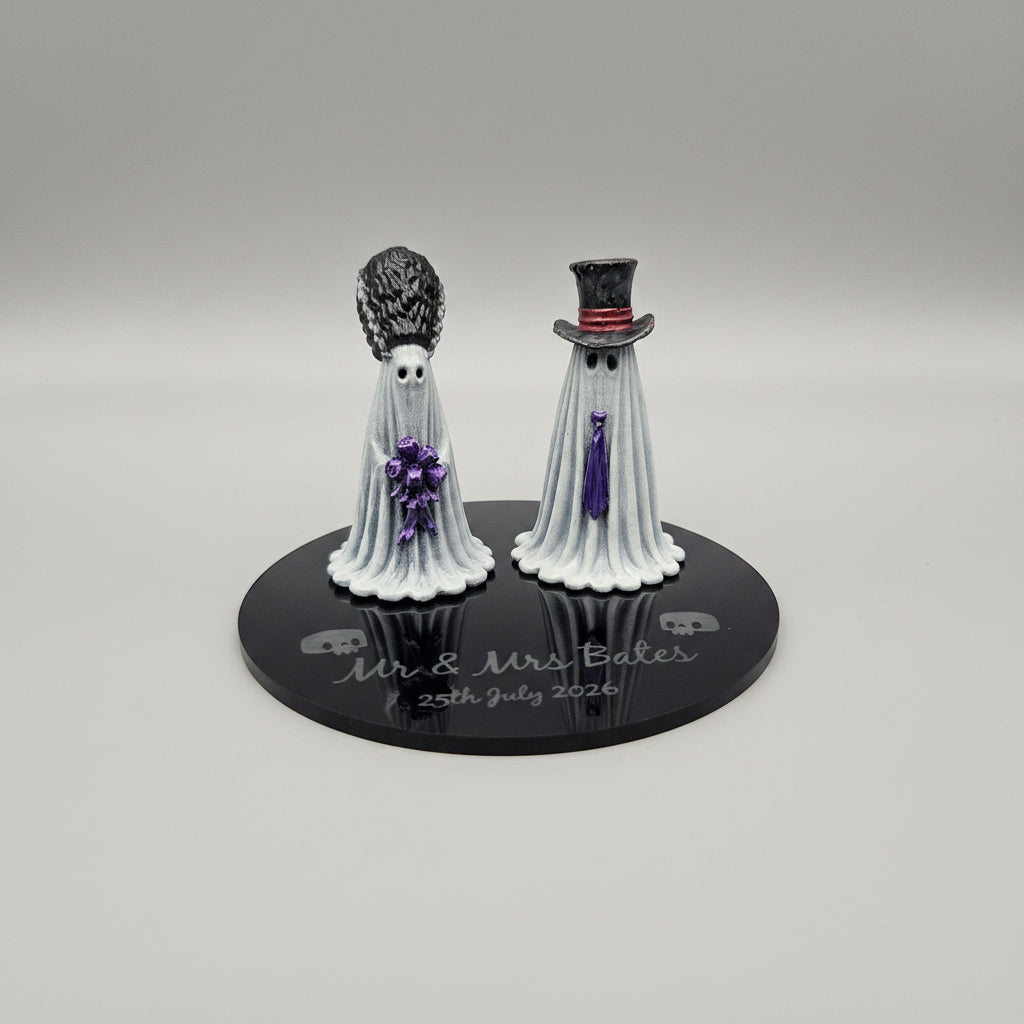 Personalised gothic ghost wedding couple on engraved acrylic base with custom names and date