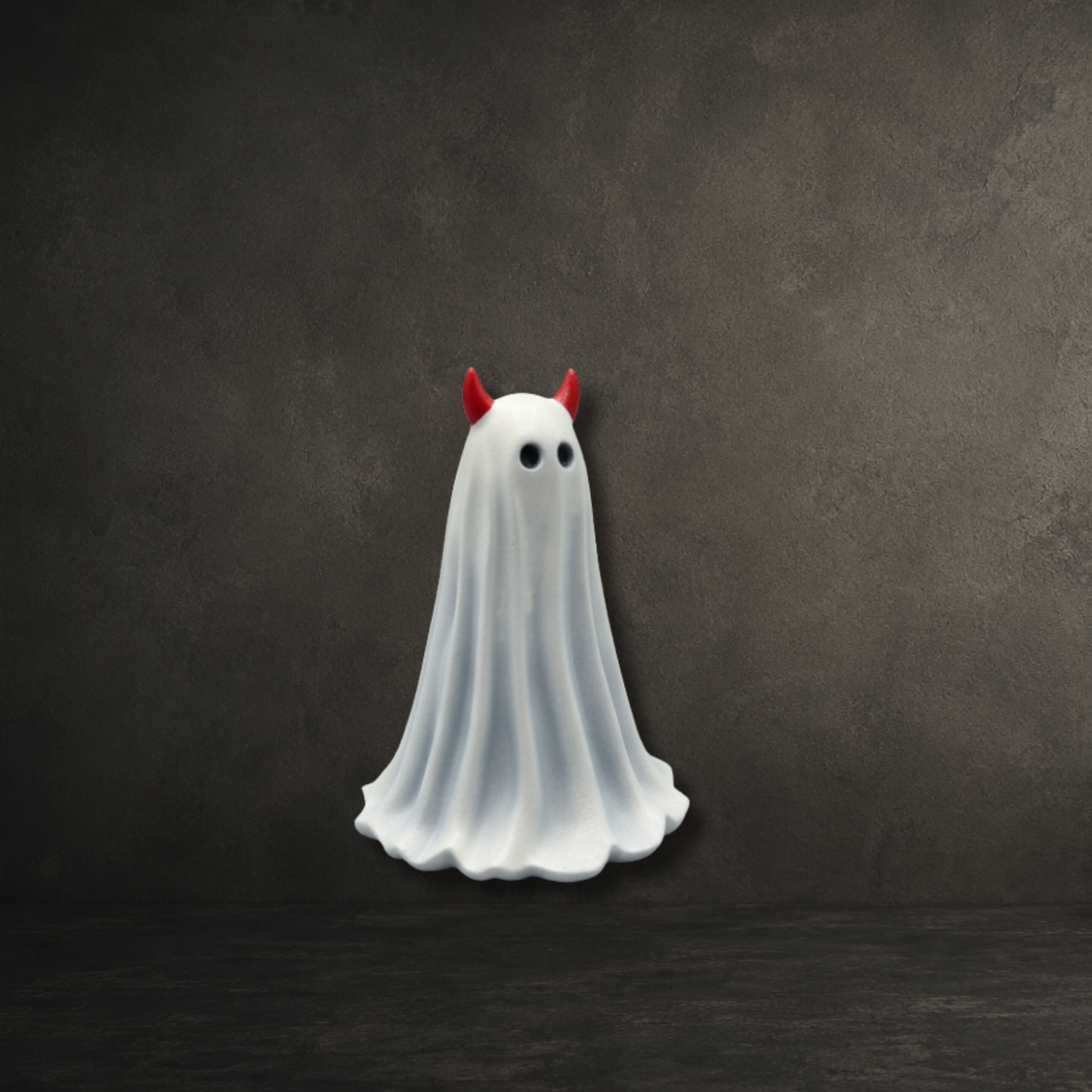 Hand-painted resin ghost ornament featuring bright red devil horns