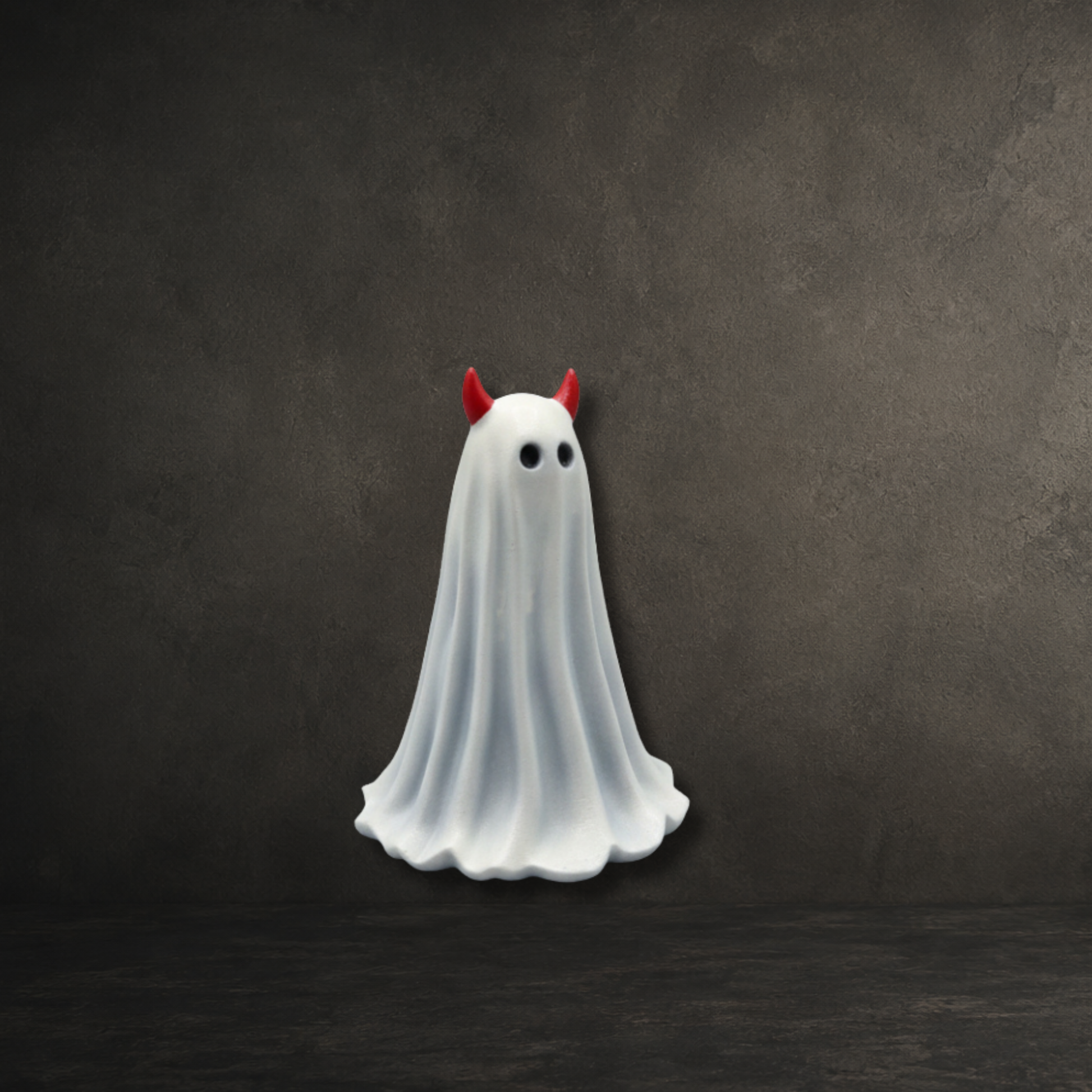 Hand-painted resin ghost ornament featuring bright red devil horns