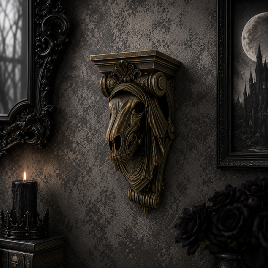 Bronze-effect Mari Lwyd gothic wall shelf featuring a draped horse skull design, displayed on an elegant gothic feature wall with dark décor.