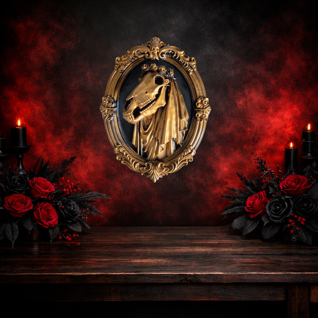 Mari Lwyd in Gothic Frame | Vintage Baroque Wall Art | Resin Hand Painted | Black & Bronze