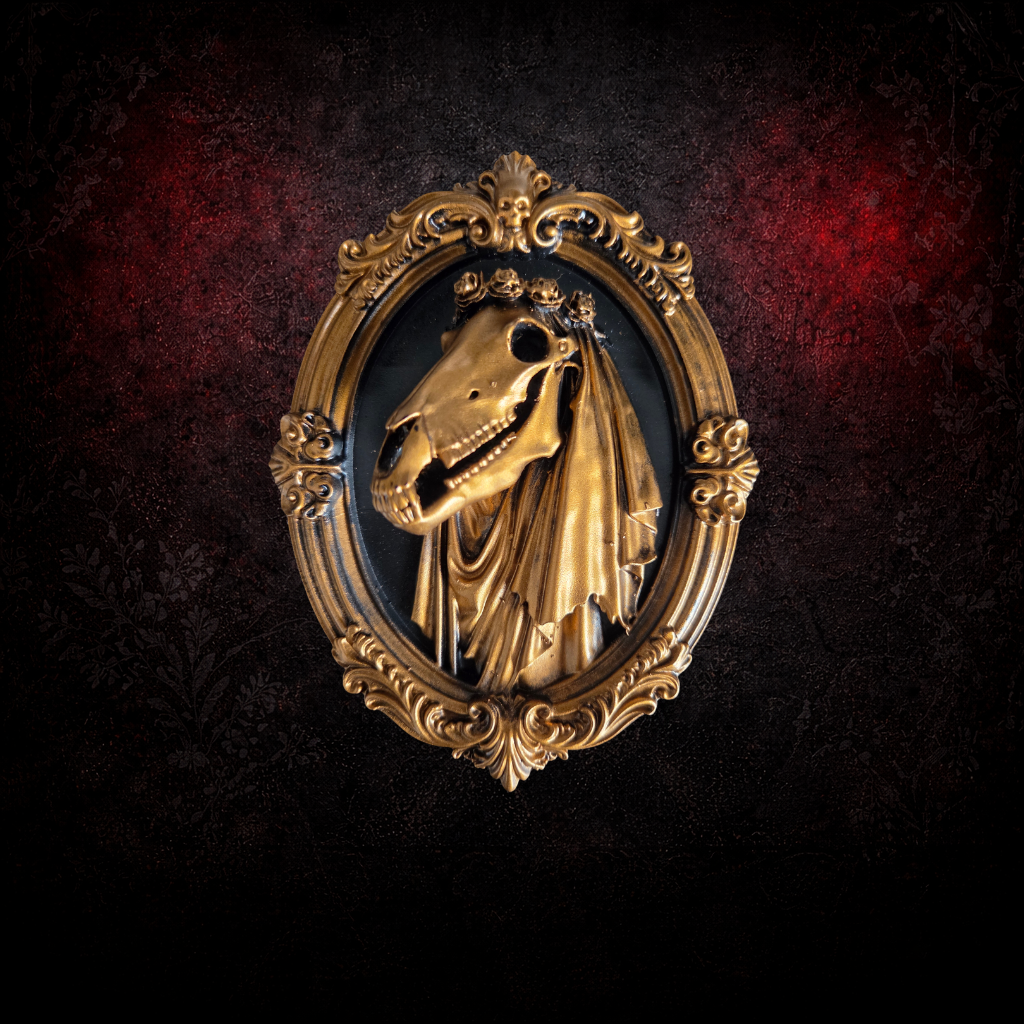 Mari Lwyd in Gothic Frame | Vintage Baroque Wall Art | Resin Hand Painted | Black & Bronze