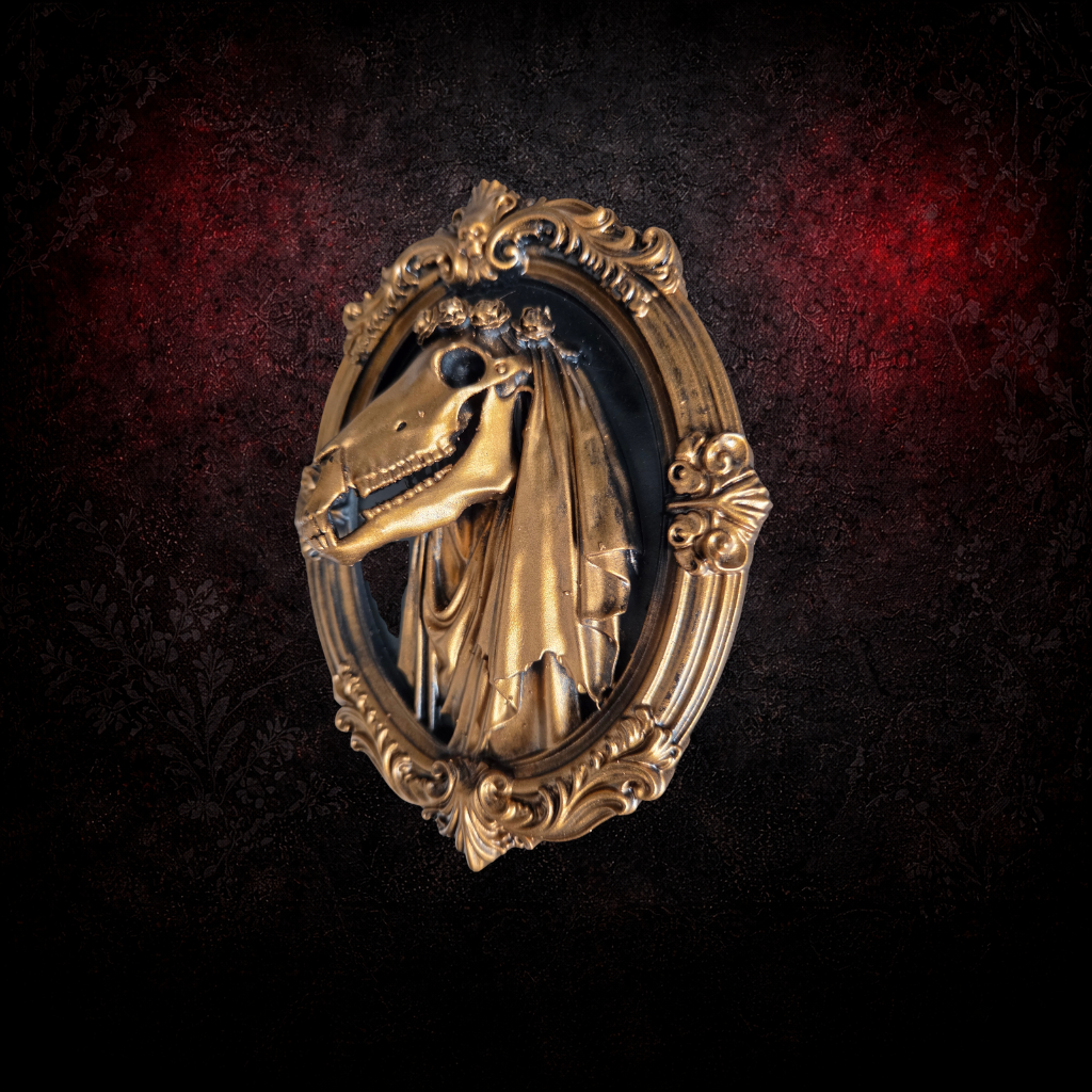 Mari Lwyd in Gothic Frame | Vintage Baroque Wall Art | Resin Hand Painted | Black & Bronze