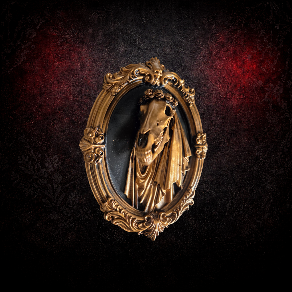 Mari Lwyd in Gothic Frame | Vintage Baroque Wall Art | Resin Hand Painted | Black & Bronze