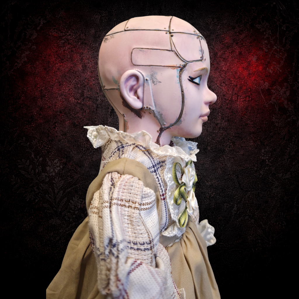 Gothic horror art doll Model 327 close up of leaking seam
