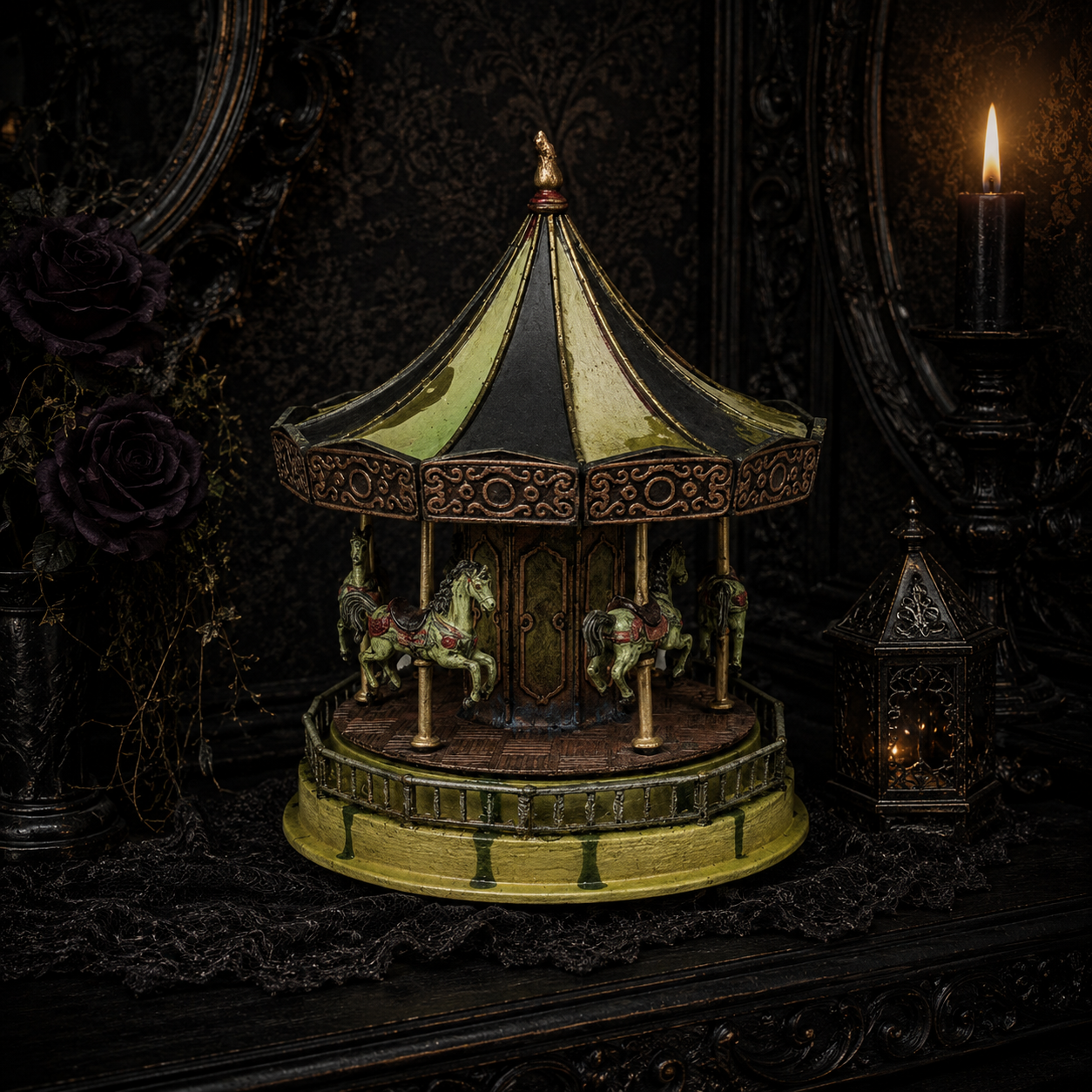 Working gothic carousel featuring animated zombie horses, realistic weathered paintwork and a sinister musical mechanism, handcrafted by Darkmoon Designs.