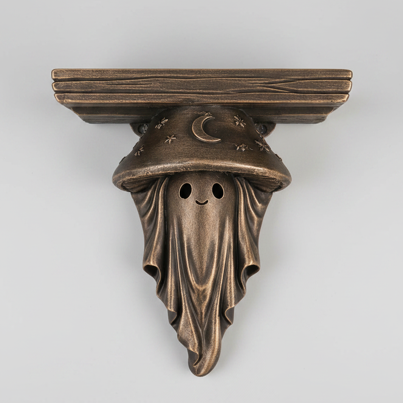 Hand painted bronze mushroom ghost shelf corbel with dry brushed metallic finish highlighting the sculpted details.