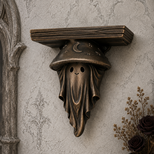 Gothic mushroom ghost shelf corbel featuring a whimsical ghost with a mushroom cap, designed to support floating shelves while adding character to alternative and cottagecore-inspired interiors.