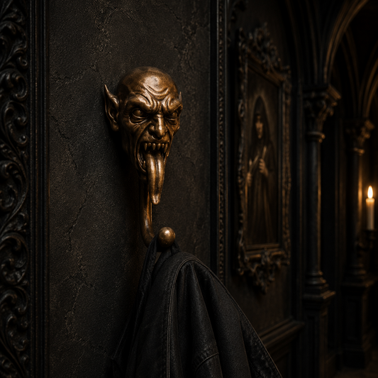 Hand-painted aged bronze resin Nosferatu coat hook with a gothic vampire design for hanging coats, keys and accessories.