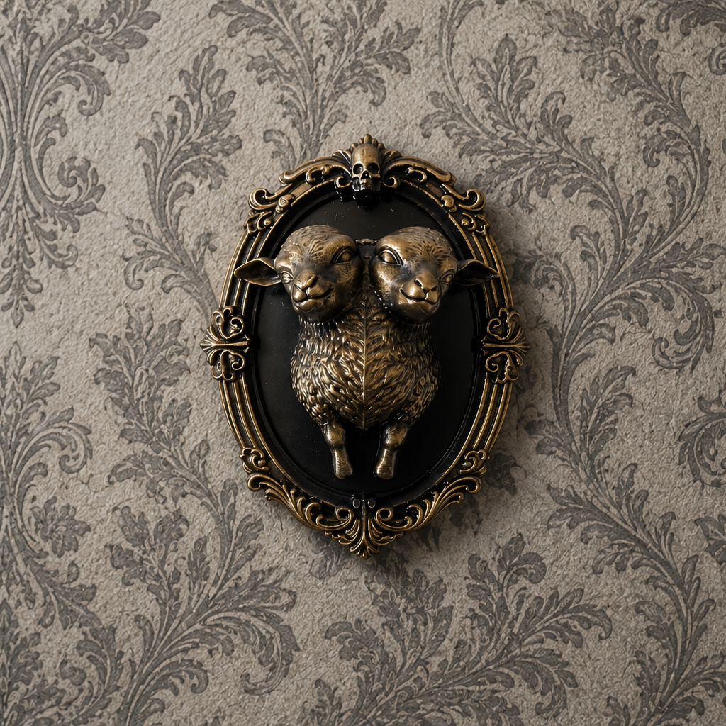Decorative gothic wall frame with a conjoined lamb motif and ornate detailing, perfect for gothic, dark academia, and macabre-inspired interiors.